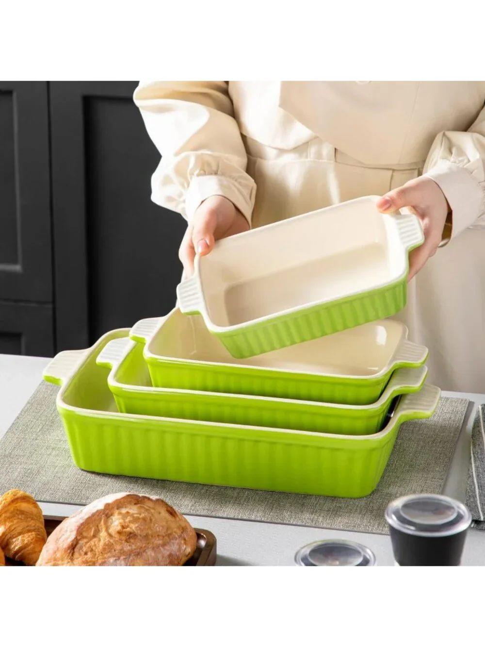 4 Set Green Ceramic Casserole Dishes for Oven Ceramic Baking Deep Dishes Set